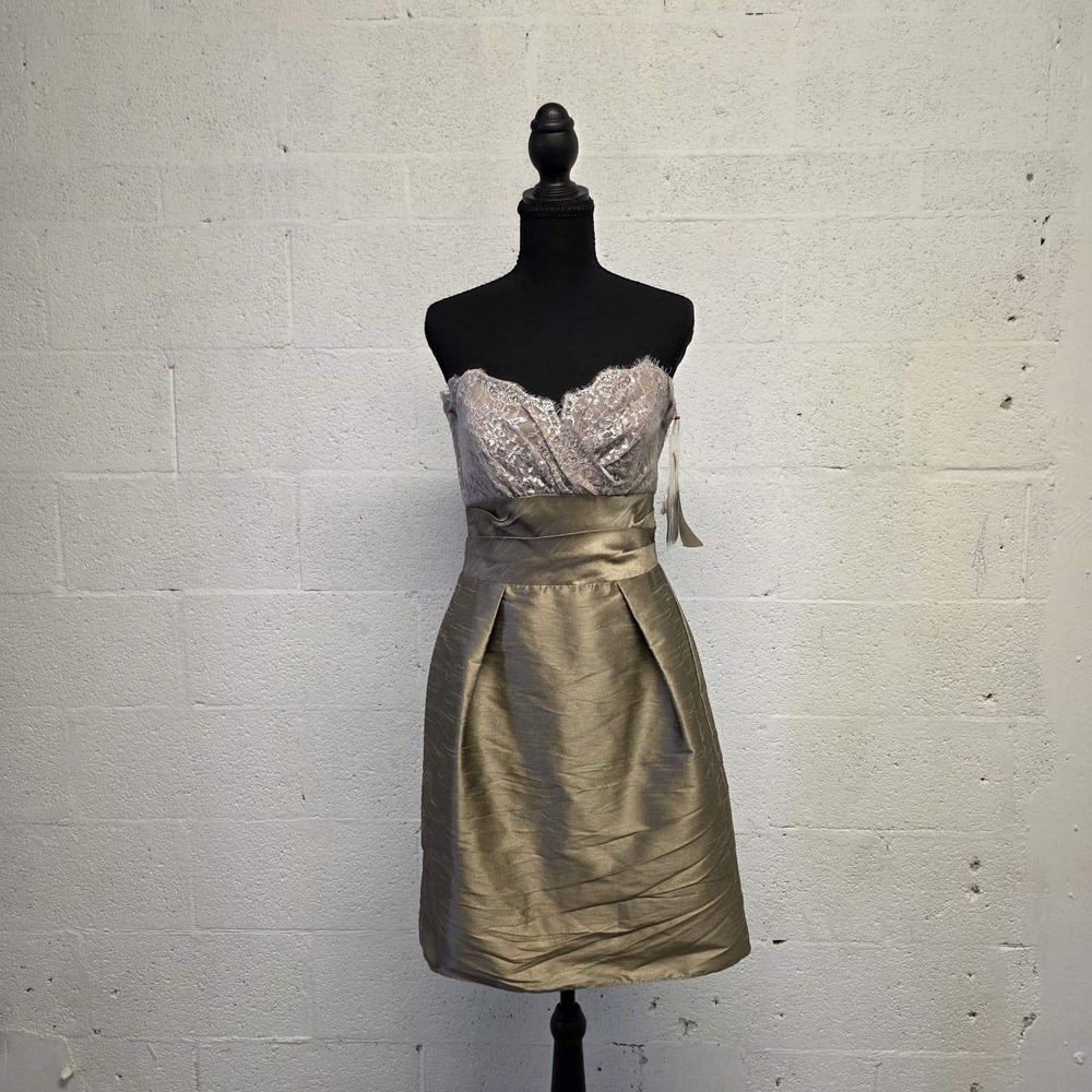 NWT Jim Hjelm Couture Strapless Metallic Lace Cocktail Dress Size 12 Taupe Gold